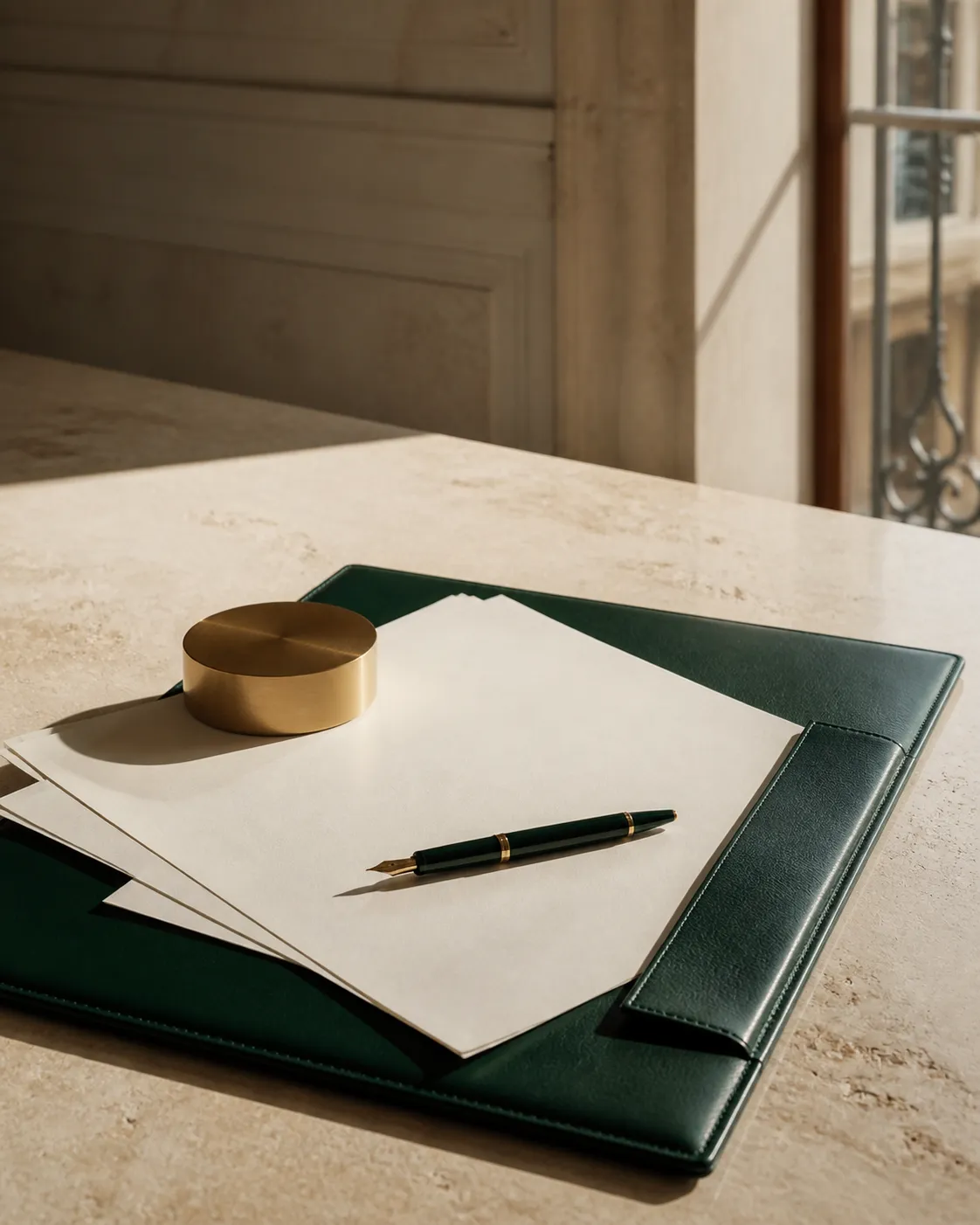 Carpeta de trabajo, documentos y pluma sobre una mesa de piedra