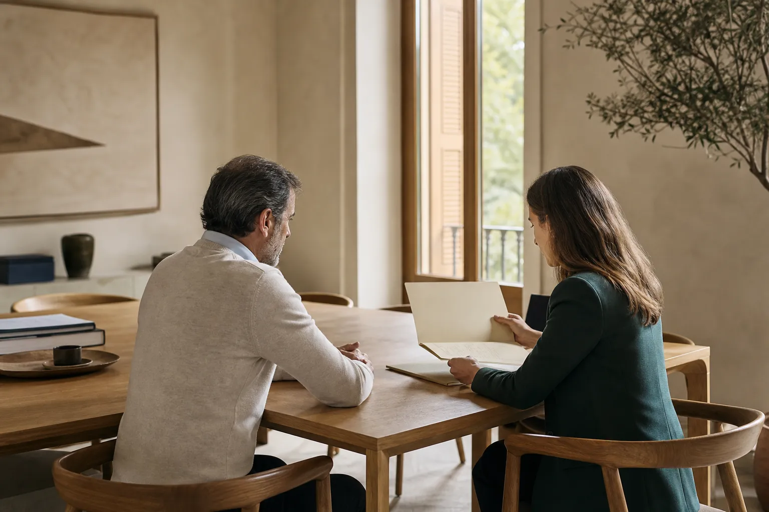 Una profesional revisa documentación con un empresario